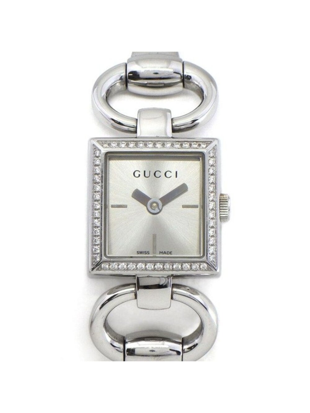 Gucci Watch Tornavoni 120 Horsebit Diamond Bezel Square Sunray Silver Dial SS
